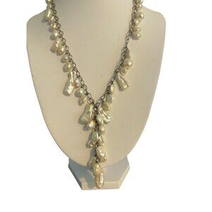 Vintage Sterling Silver Baroque Pearl Y Drop Necklace Collar Estate Adj 17" READ